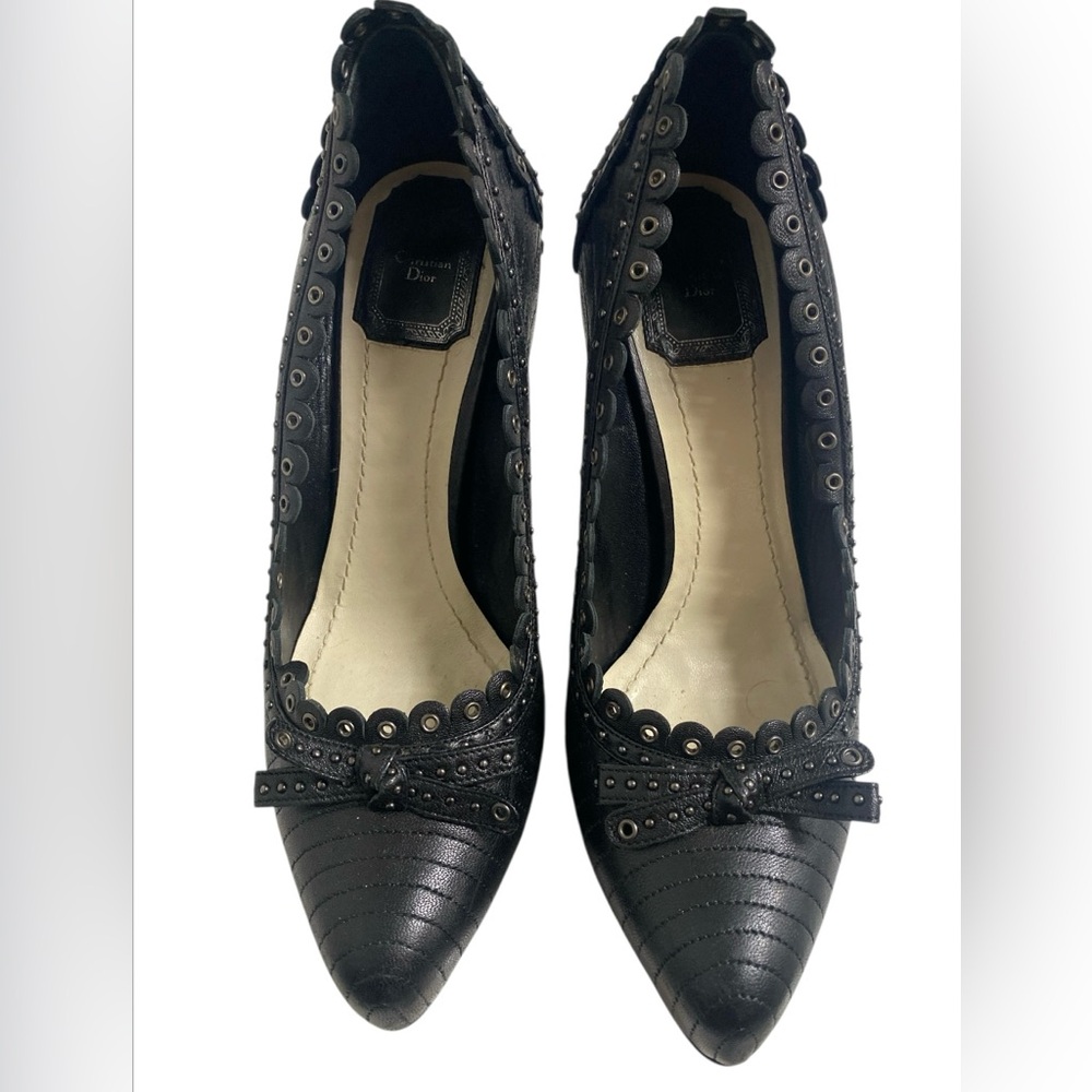Christian Dior Black Leather Studded Accent Heels with Bow Detail - Picture 2 of 7